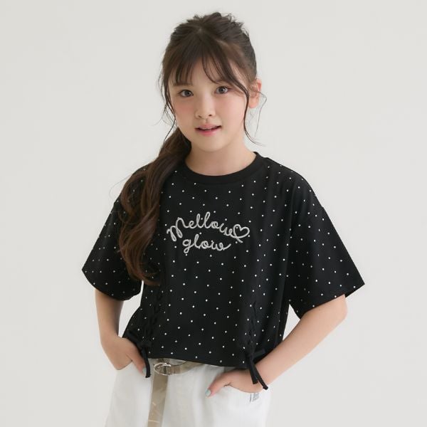 ピンク ラテ PINK-latte アソート柄レースアップ半袖Tシャツ (黒) 黒