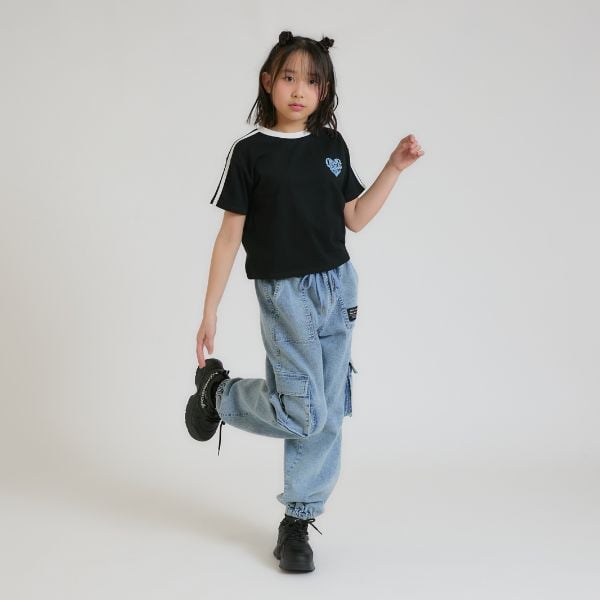 ピンク ラテ PINK-latte 【接触冷感】ハート袖ライン半袖Tシャツ (サックス) サックス