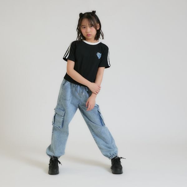 ピンク ラテ PINK-latte 【接触冷感】ハート袖ライン半袖Tシャツ (サックス) サックス