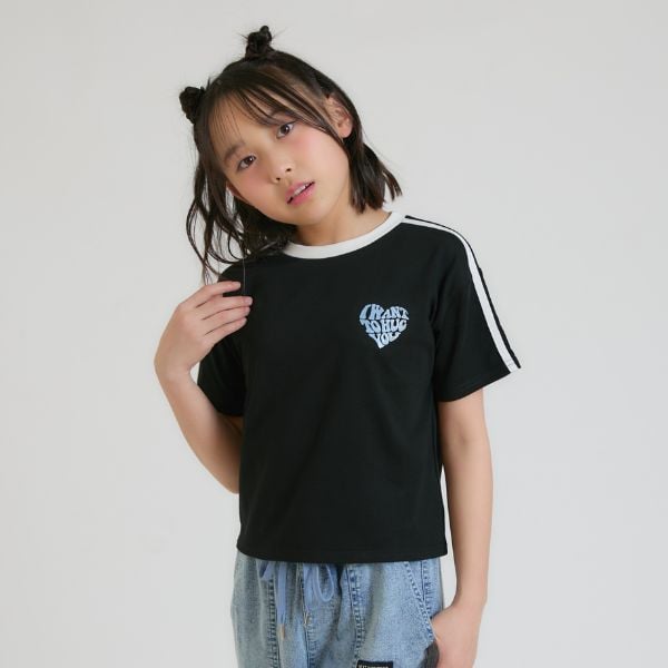 ピンク ラテ PINK-latte 【接触冷感】ハート袖ライン半袖Tシャツ (サックス) サックス