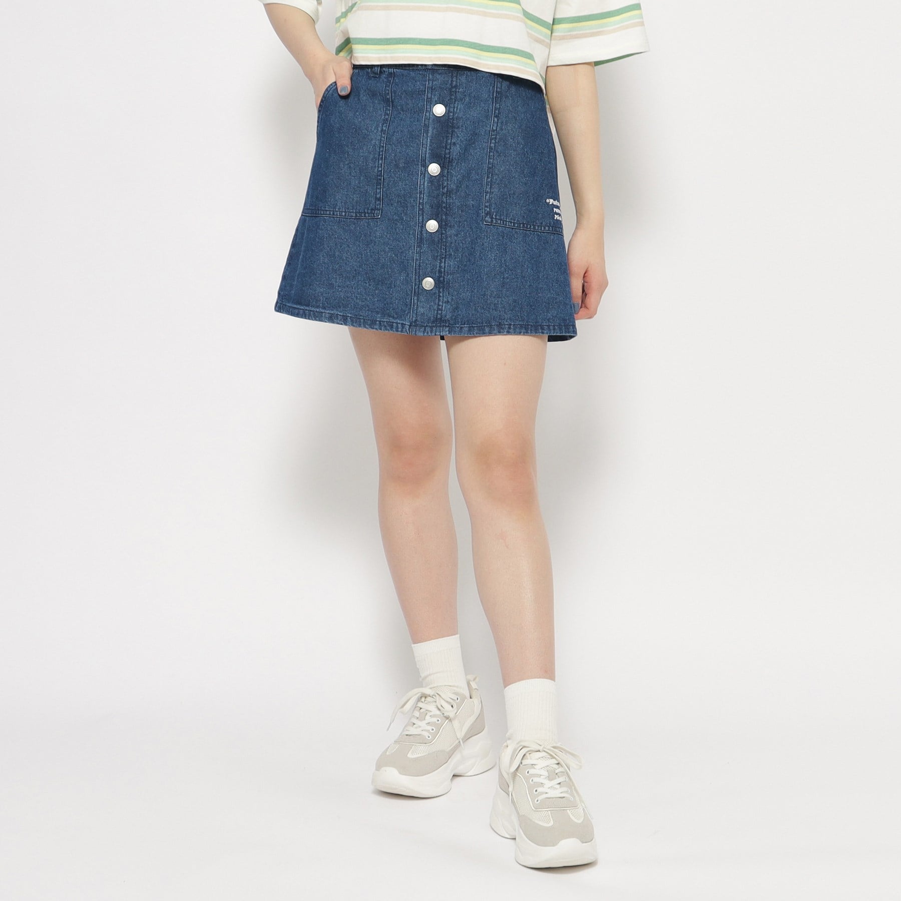 ピンク ラテ PINK-latte 【アジャスターあり】前ボタンスカート,ブルー(591)