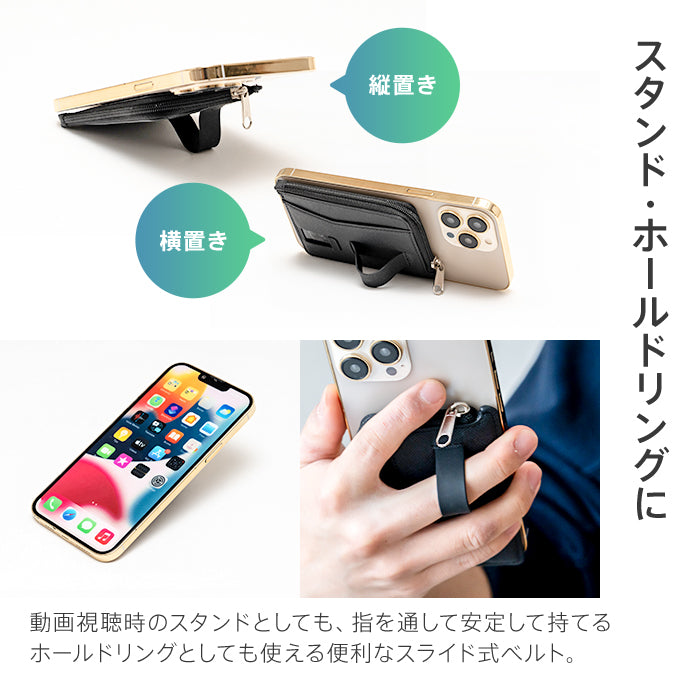 ピタング pitang magsafe カードケース 1枚 薄型 財布 小銭入れ L字ファスナー スマホグリップ スタンド機能 マグセーフ対応 iPhone アンドロイド (ネイビー) ネイビー