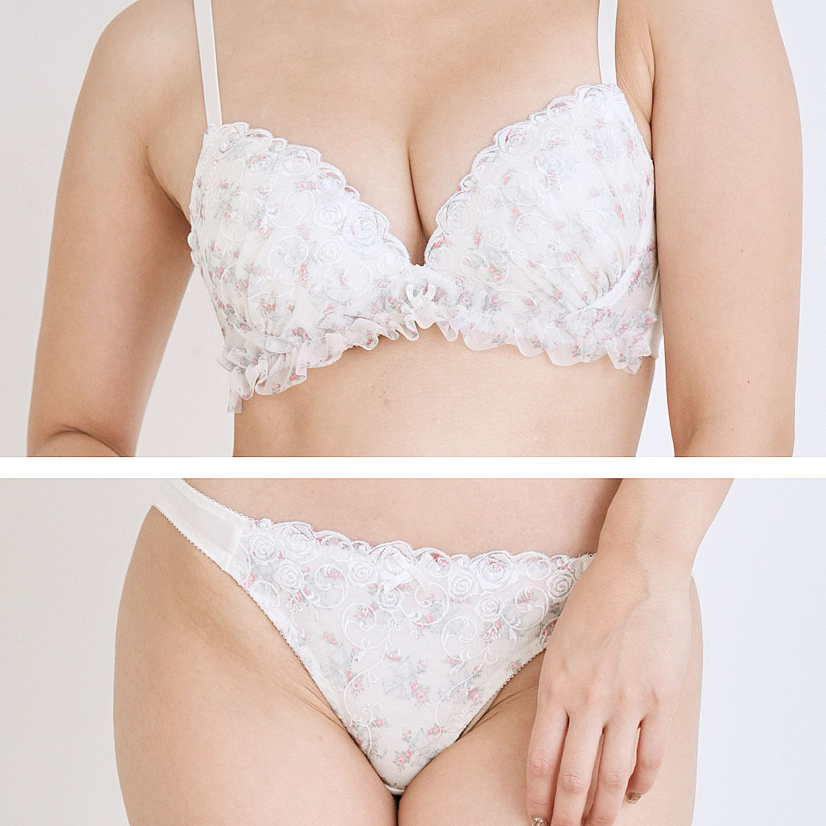 ピンクピンクピンク PINK PINK PINK ブラジャー ショーツ レディース フェミニン 谷間 フリル ブラ&ショーツセット レース 大きいサイズ 下着 【返品不可商品】 (ペールピンク) ペールピンク