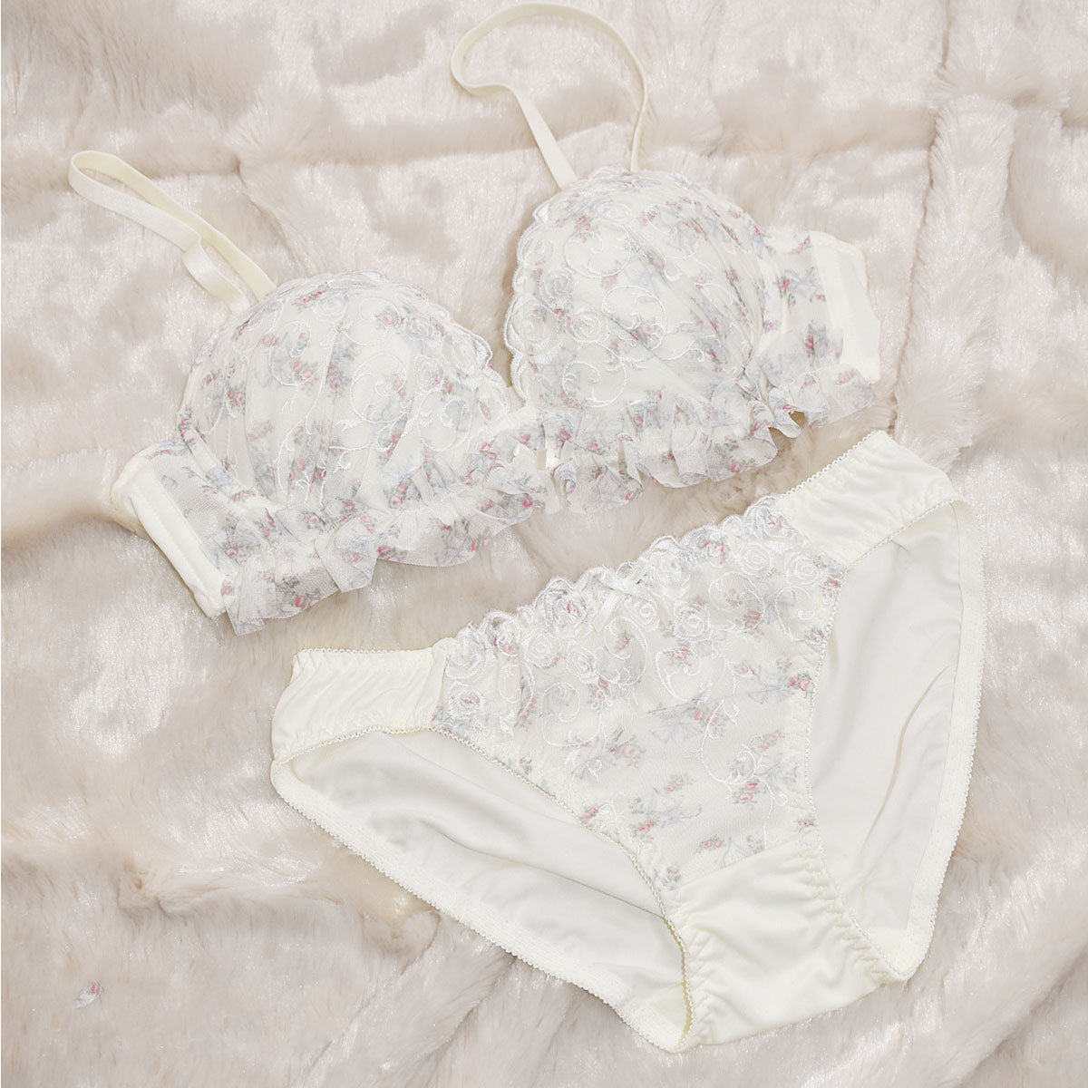 ピンクピンクピンク PINK PINK PINK ブラジャー ショーツ レディース フェミニン 谷間 フリル ブラ&ショーツセット レース 大きいサイズ 下着 【返品不可商品】 (アイボリー) アイボリー