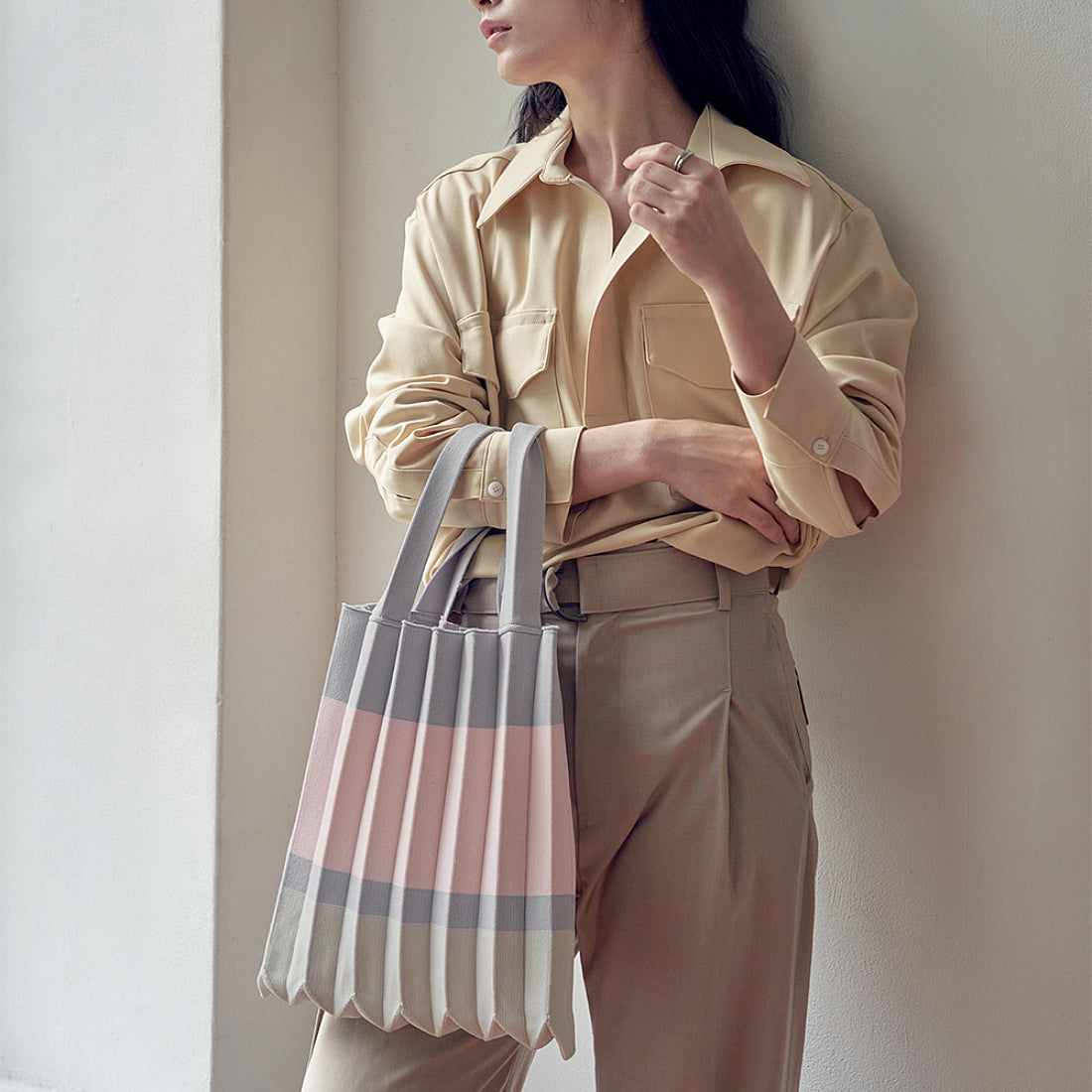 プリーツママ PLEATSMAMA ニットバッグ トートバッグ tote-block-pk-gy (PINK GREY) PINK GREY