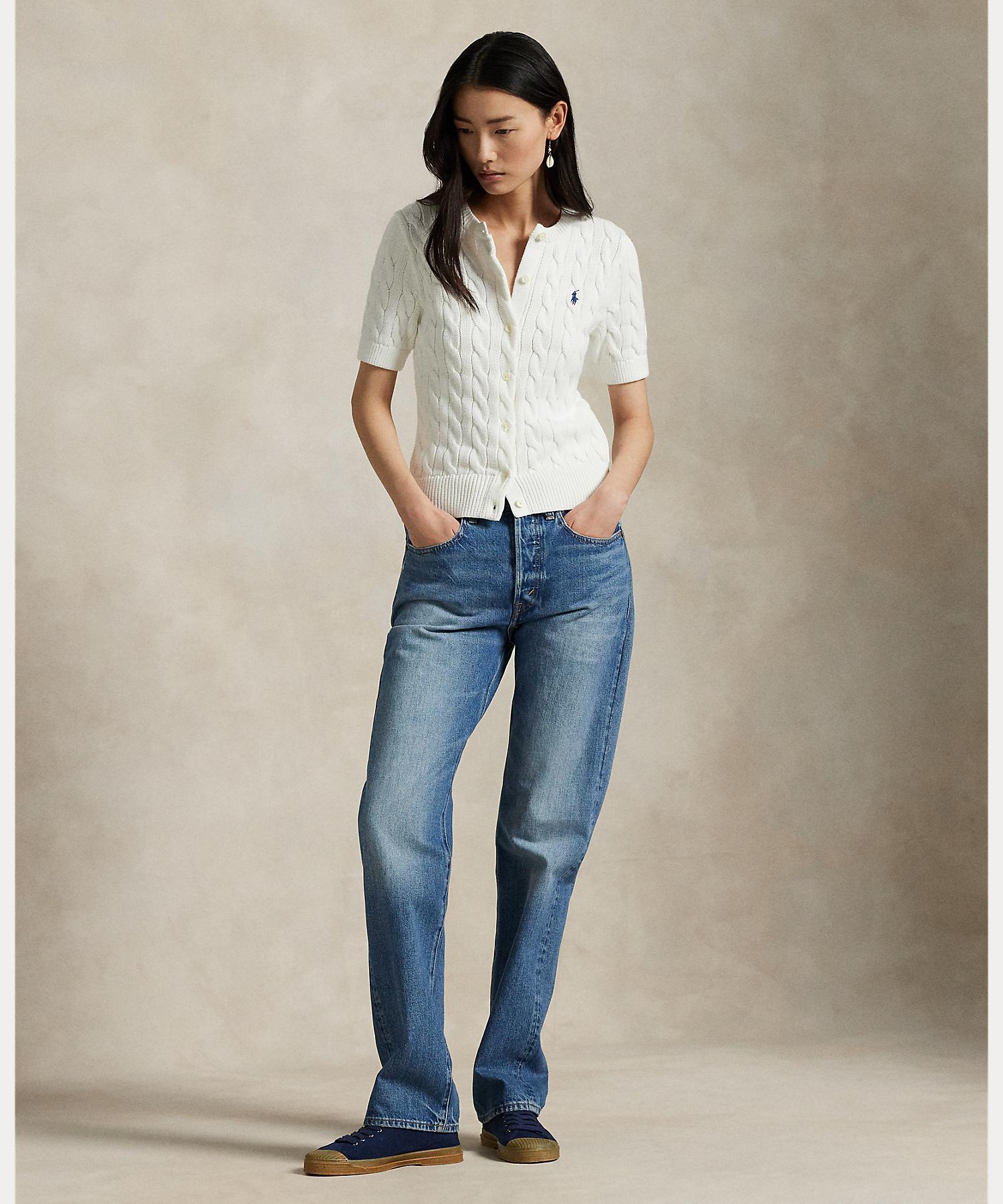 ポロ ラルフ ローレン POLO RALPH LAUREN ケーブルニット コットン ショートスリーブ カーディガン (100ホワイト) 100ホワイト