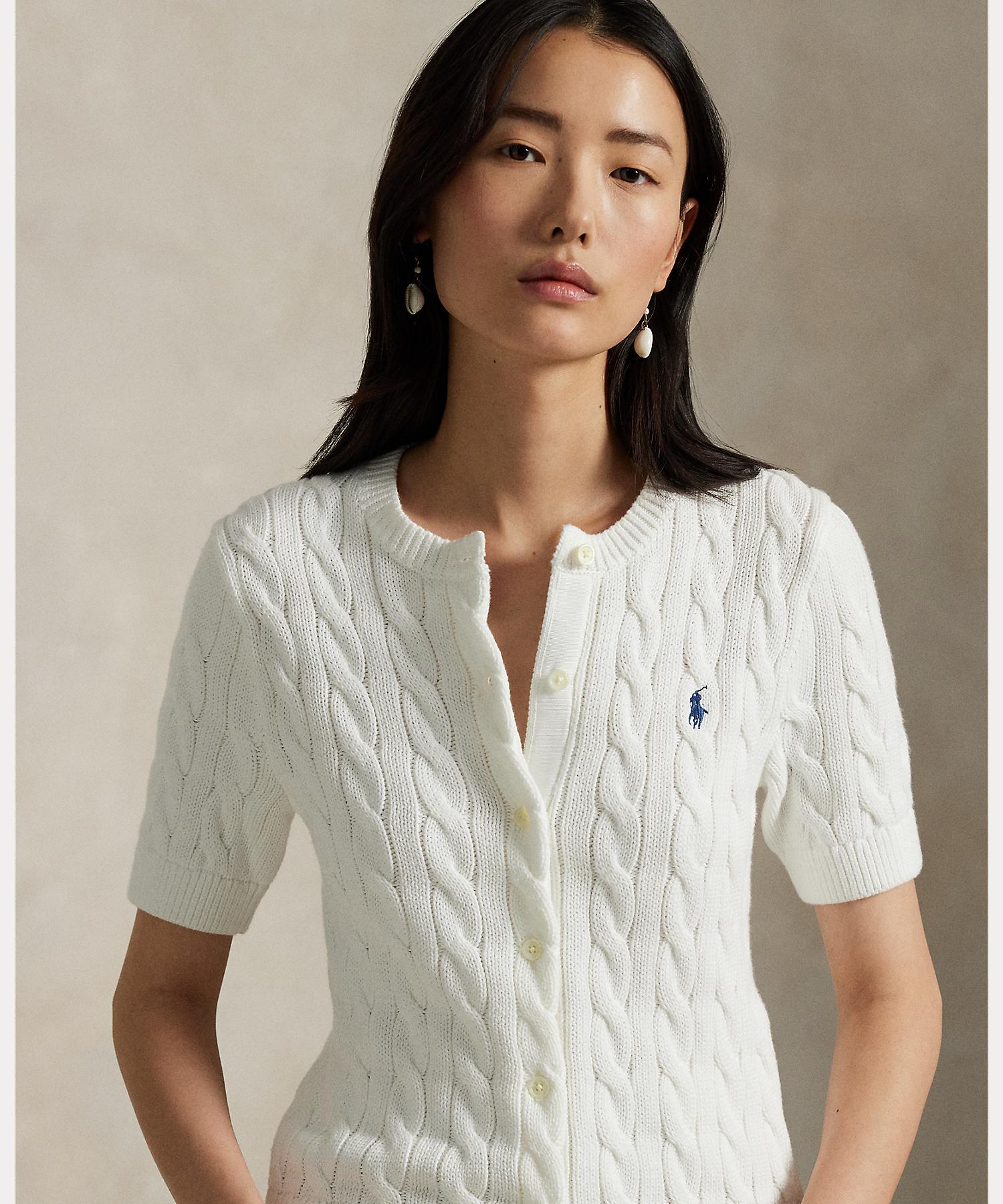 ポロ ラルフ ローレン POLO RALPH LAUREN ケーブルニット コットン ショートスリーブ カーディガン (100ホワイト) 100ホワイト