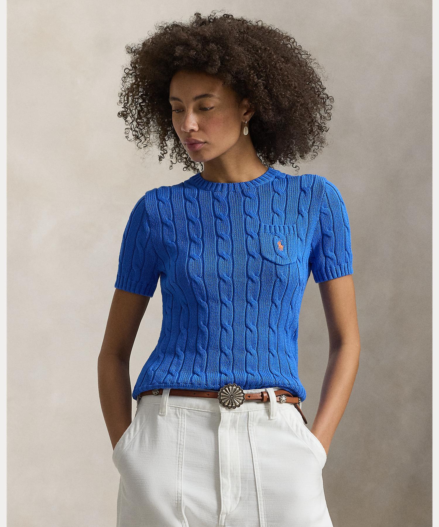 ポロ ラルフ ローレン POLO RALPH LAUREN ケーブルニット コットン ショートスリーブ セーター (400ブルー) 400ブルー