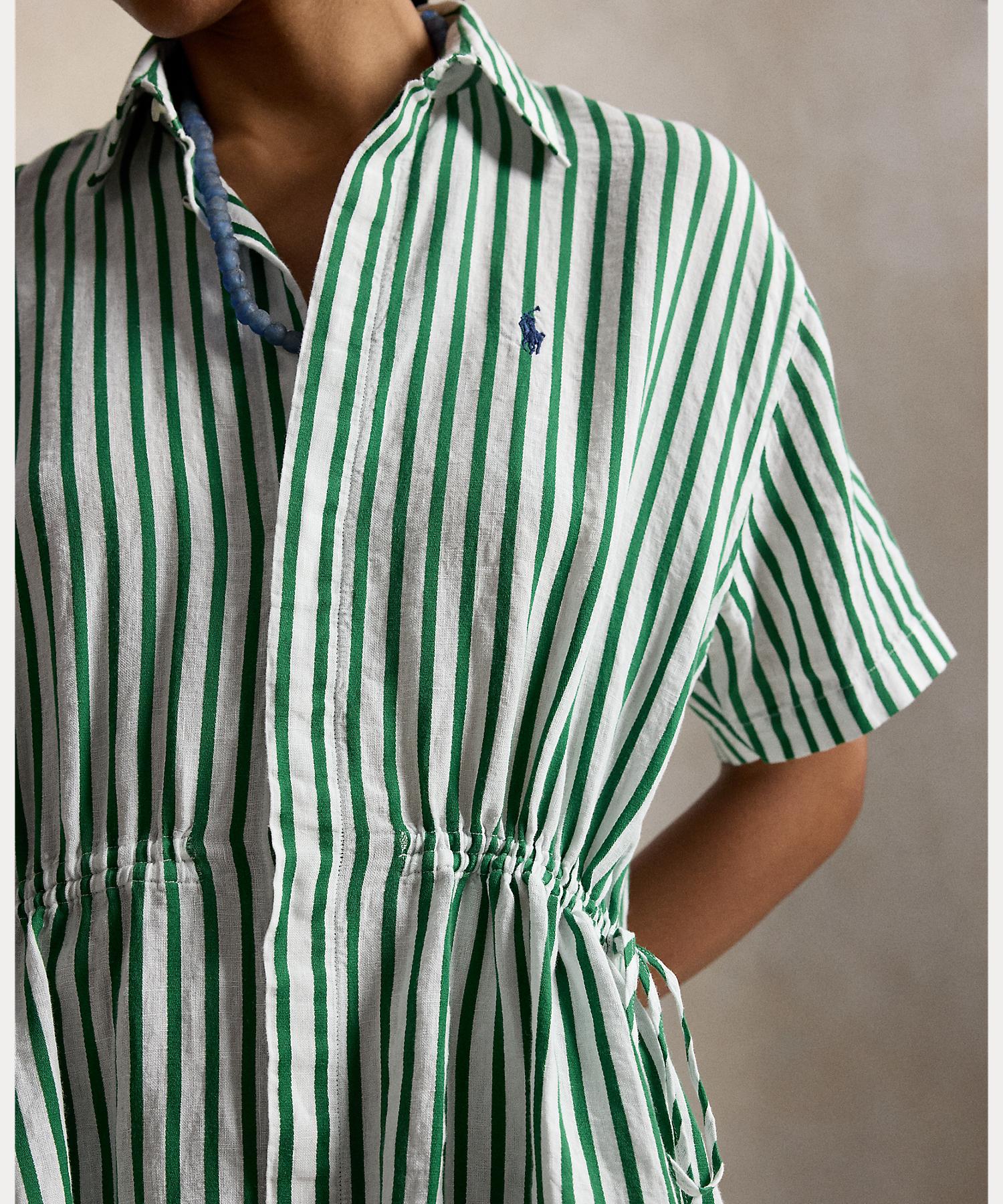 ポロ ラルフ ローレン POLO RALPH LAUREN ストライプド リネンコットン ドローコード シャツドレス (100ホワイト) 100ホワイト