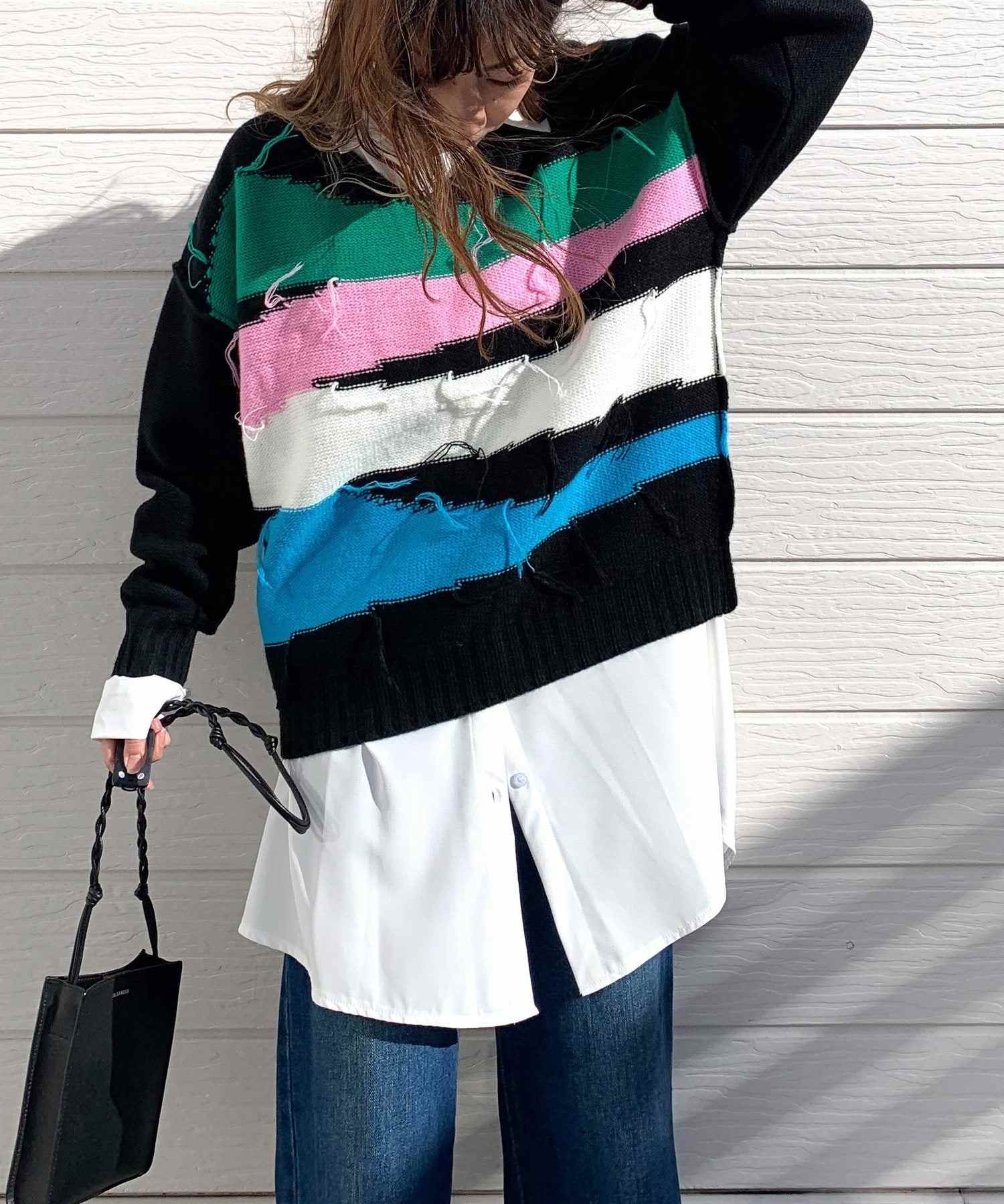 キュー Q 4色ニュアンスボーダーニット