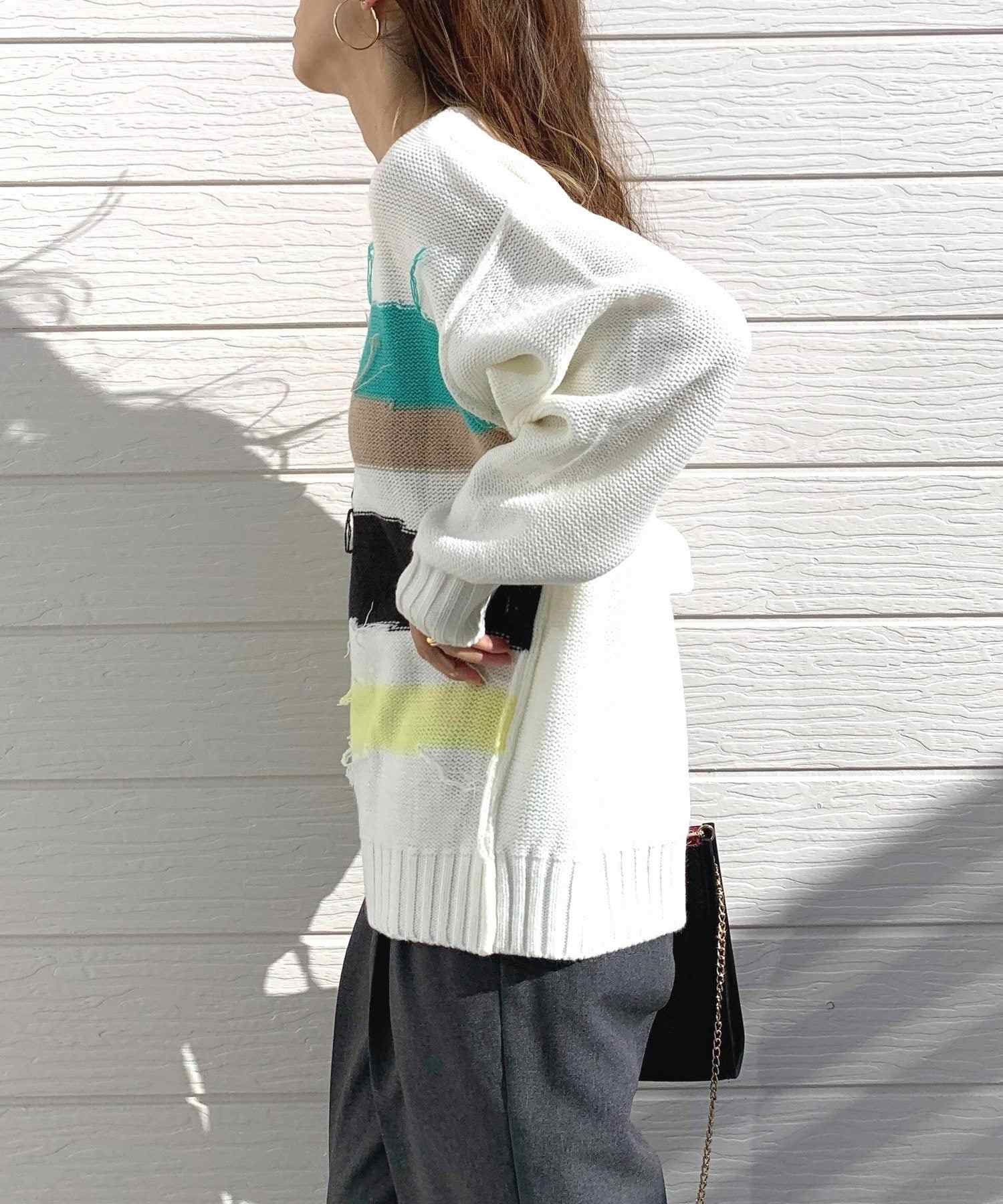 キュー Q 4色ニュアンスボーダーニット