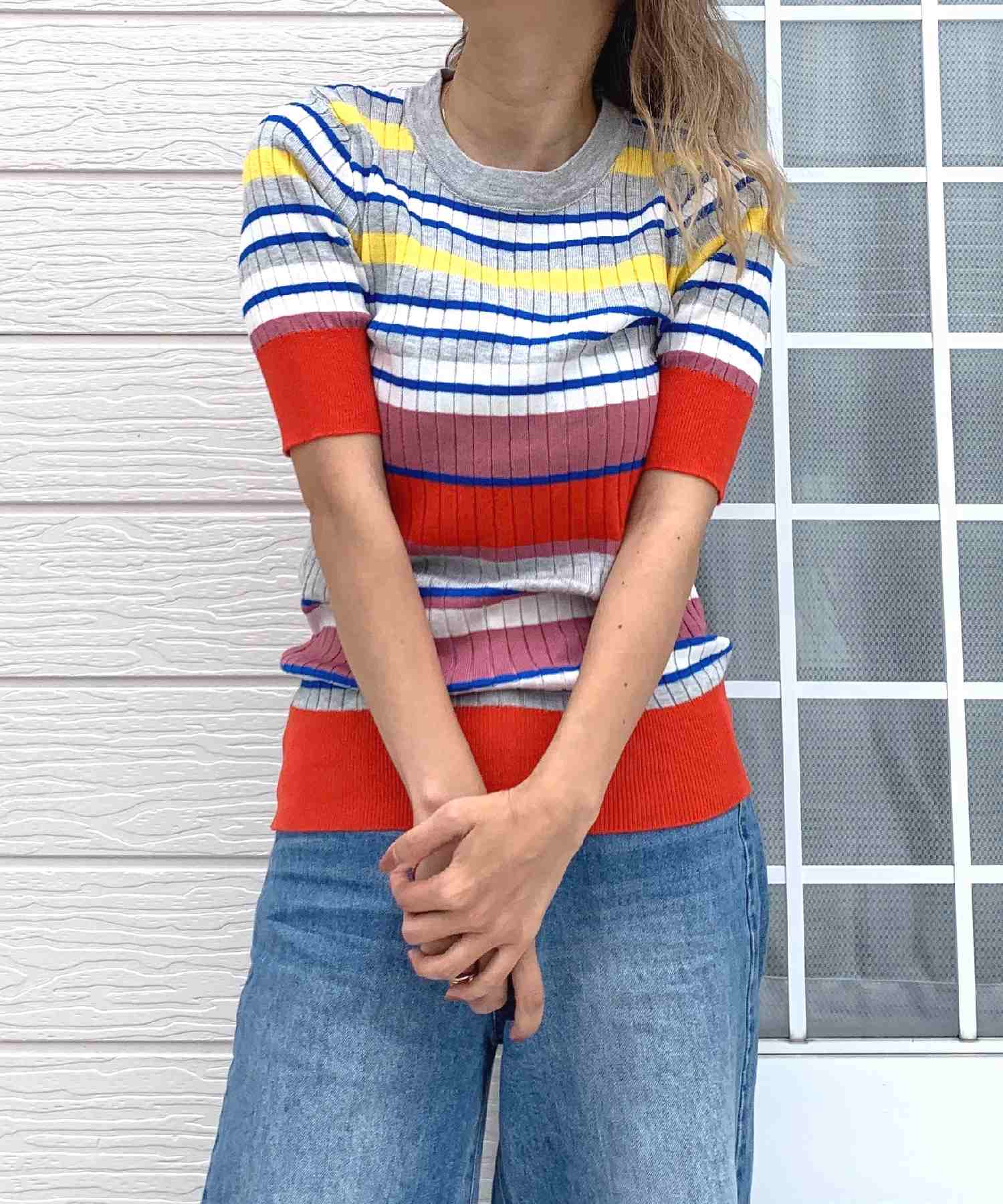 キュー Q マルチボーダーリブニット (レッド系) レッド系