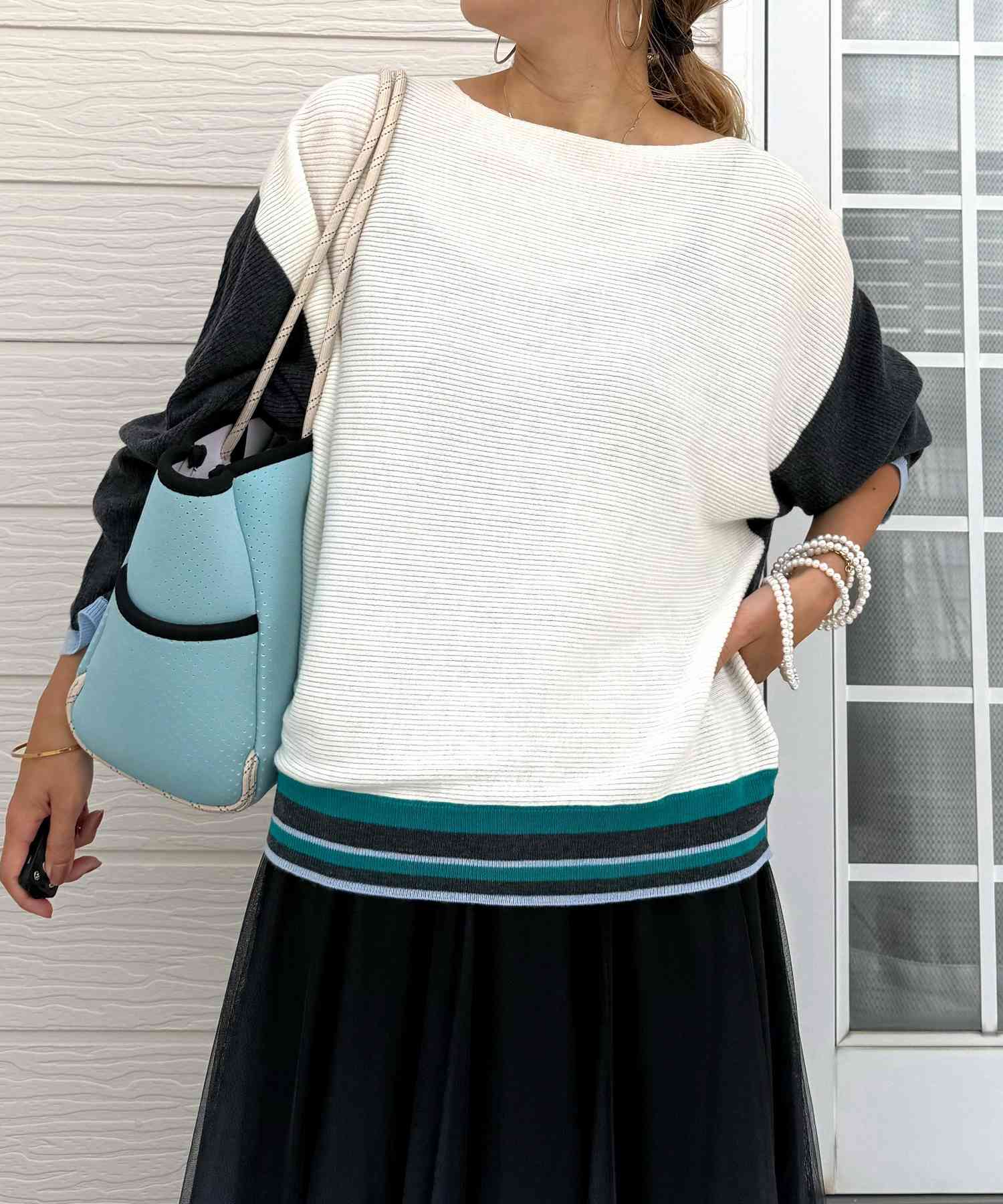 キュー Q 横リブマルチボーダードルマンニット (ホワイト) ホワイト