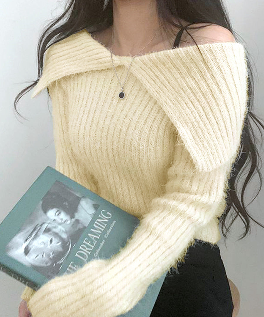 Riff Riff 大翻領羅紋針織毛衣 毛絨針織 羅紋編織 套頭衫 T恤 上衣 長袖 素色