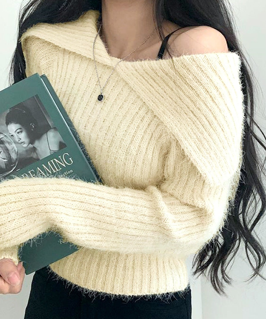 Riff Riff 大翻領羅紋針織毛衣 毛絨針織 羅紋編織 套頭衫 T恤 上衣 長袖 素色