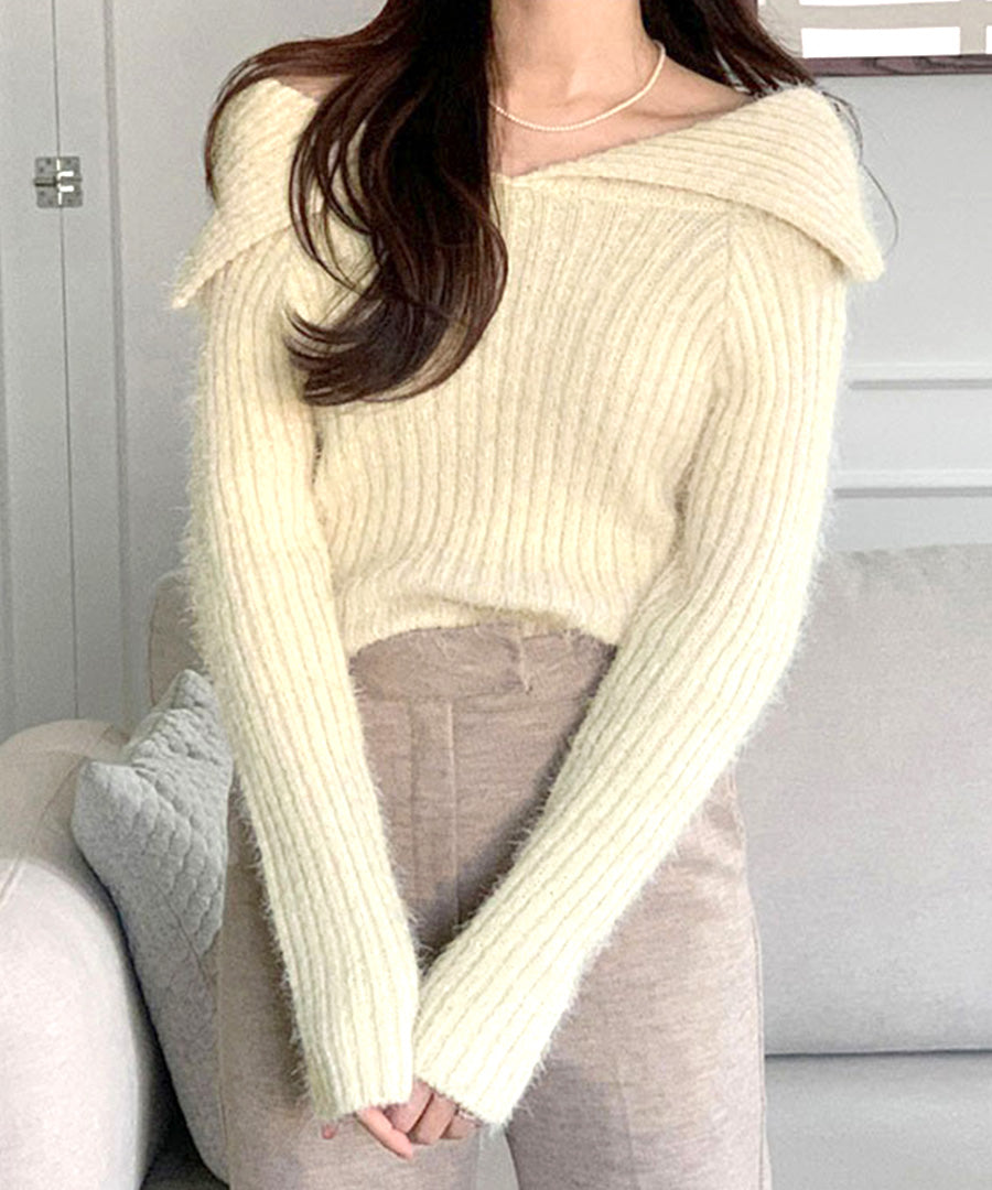 Riff Riff 大翻領羅紋針織毛衣 毛絨針織 羅紋編織 套頭衫 T恤 上衣 長袖 素色