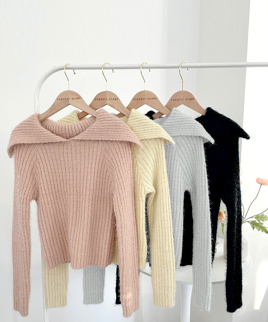 Riff Riff 大翻領羅紋針織毛衣 毛絨針織 羅紋編織 套頭衫 T恤 上衣 長袖 素色