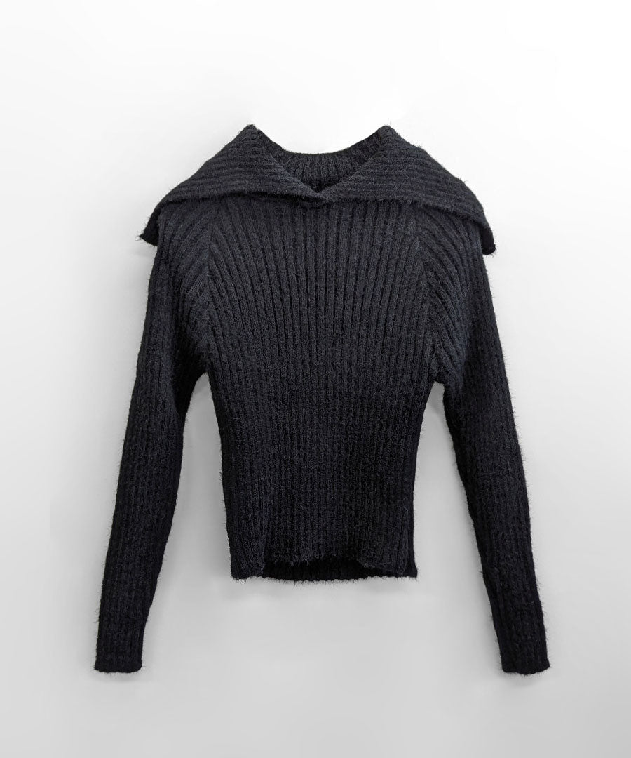 Riff Riff 大翻領羅紋針織毛衣 毛絨針織 羅紋編織 套頭衫 T恤 上衣 長袖 素色