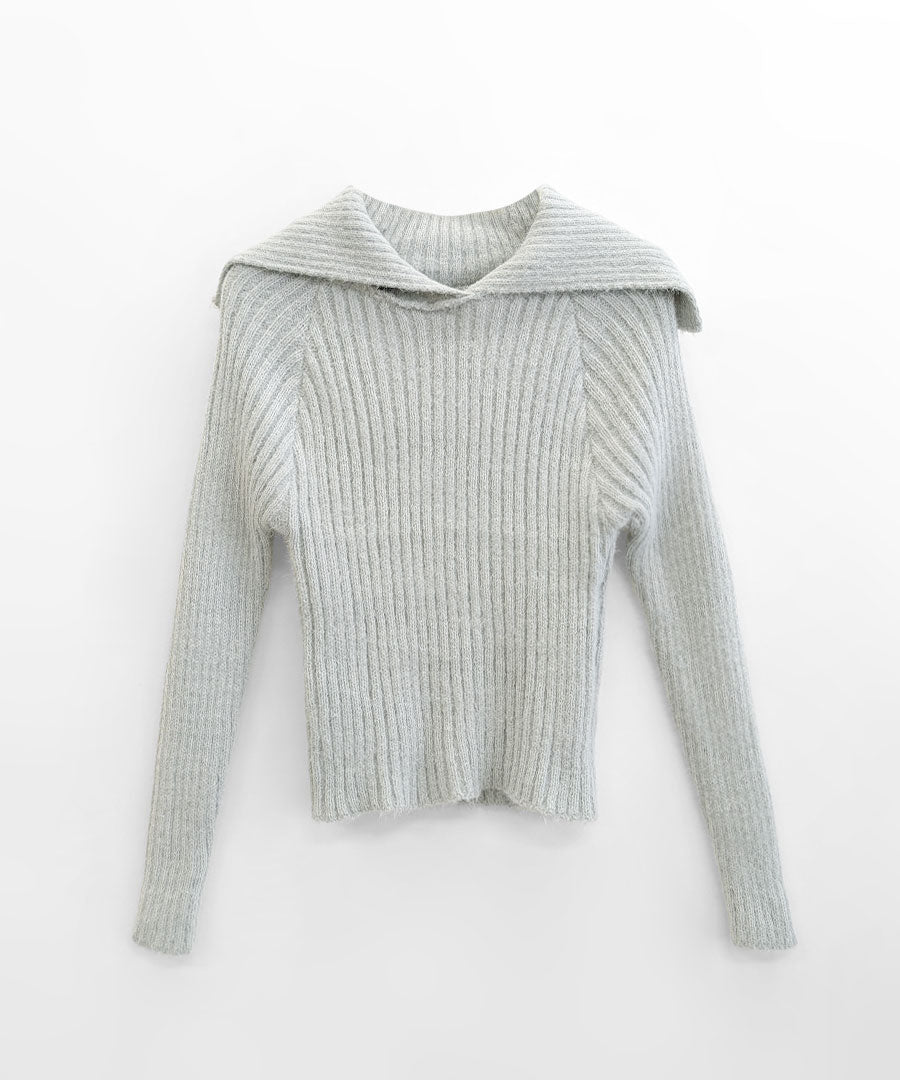 Riff Riff 大翻領羅紋針織毛衣 毛絨針織 羅紋編織 套頭衫 T恤 上衣 長袖 素色