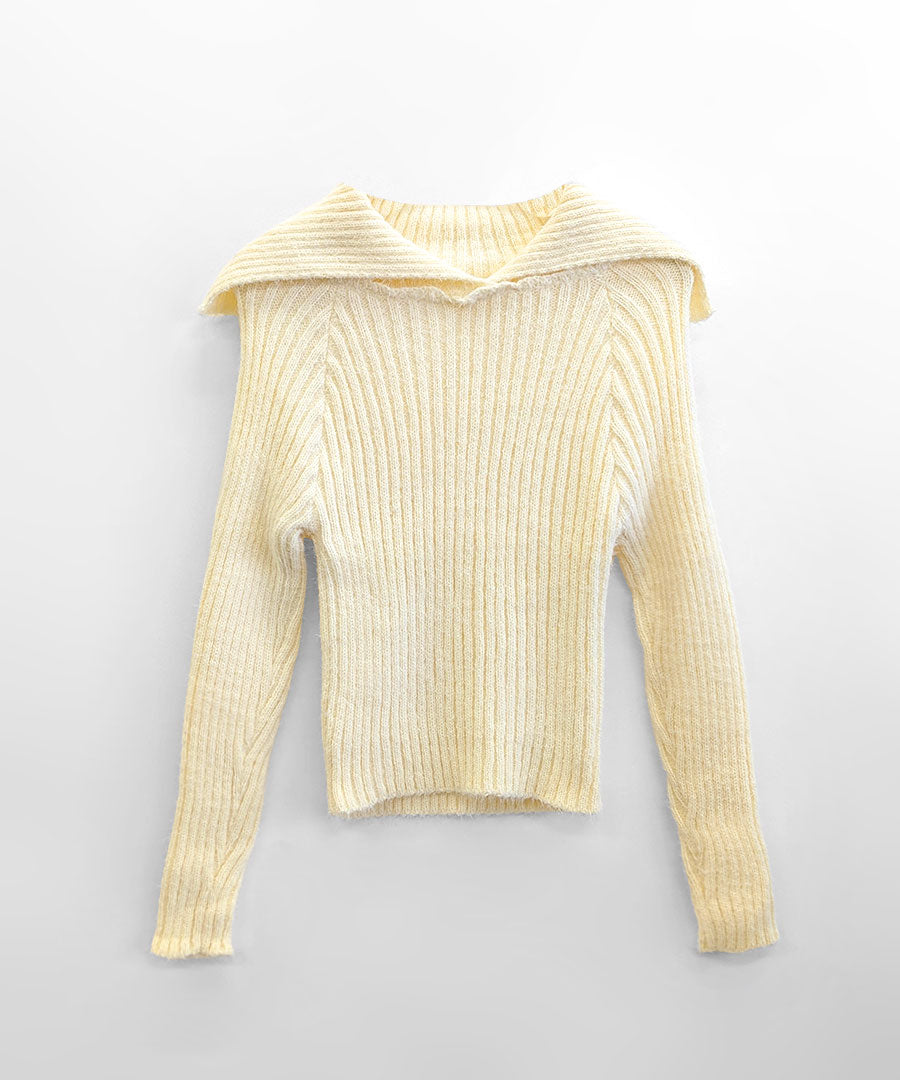 Riff Riff 大翻領羅紋針織毛衣 毛絨針織 羅紋編織 套頭衫 T恤 上衣 長袖 素色