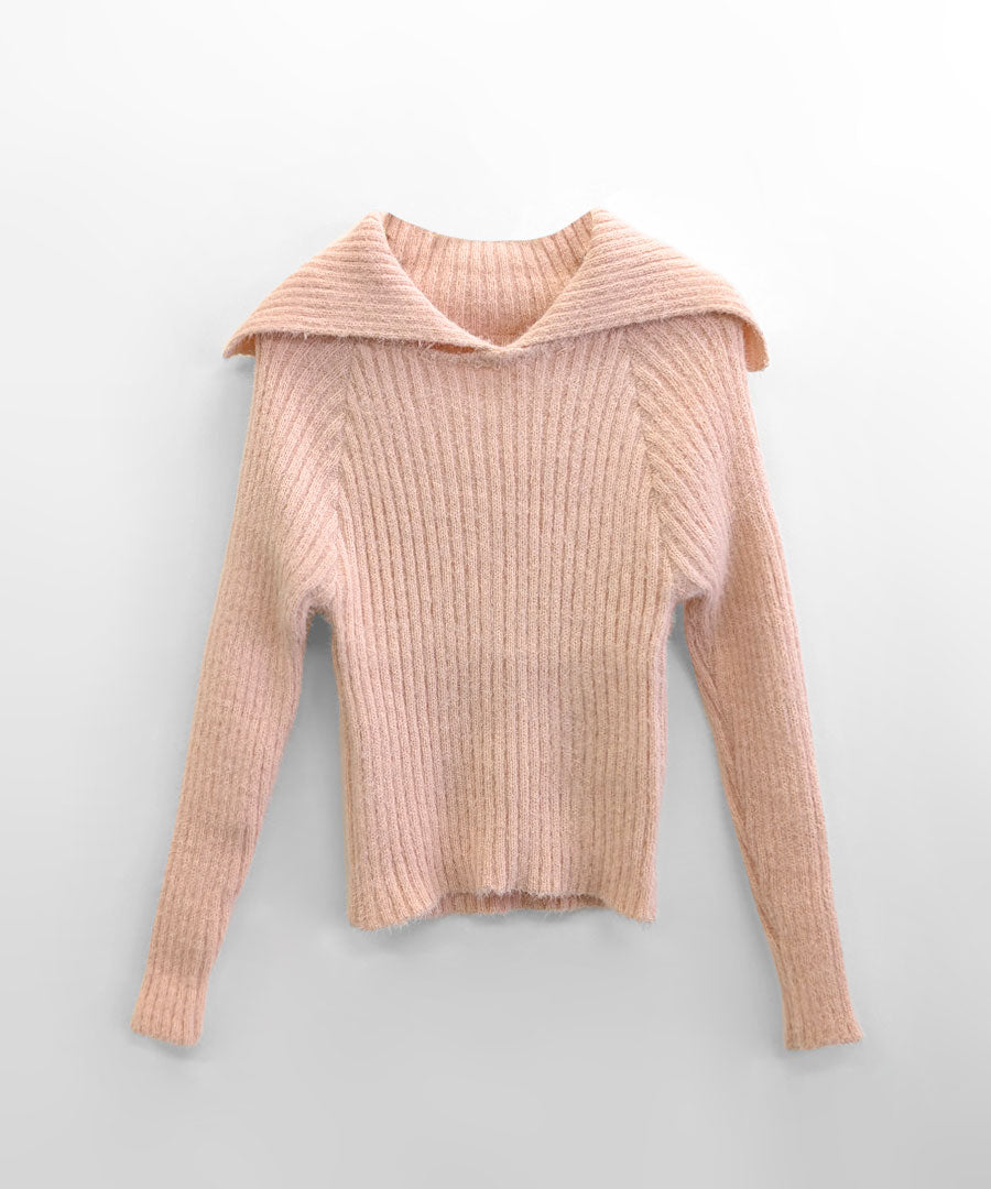 Riff Riff 大翻領羅紋針織毛衣 毛絨針織 羅紋編織 套頭衫 T恤 上衣 長袖 素色