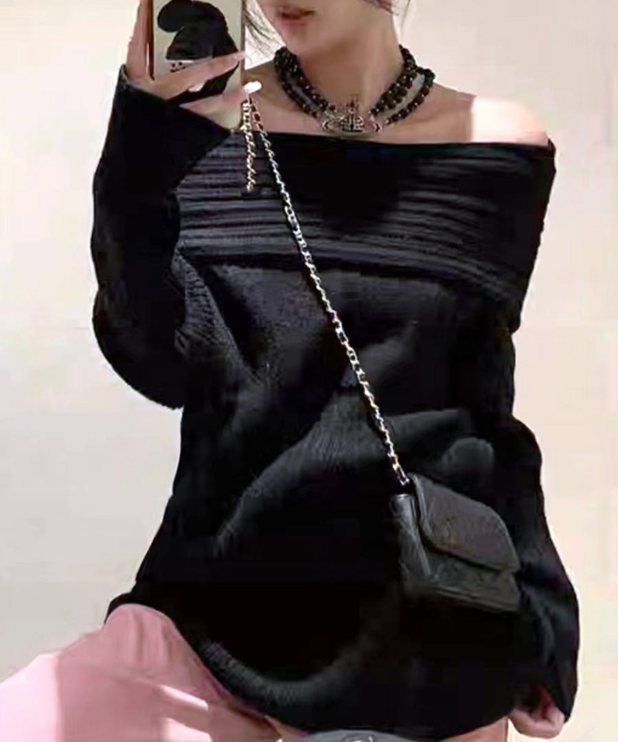 リフ Riff オフショルニットトップス オフショルダー オフタートル リブ編み リブニット セーター Tシャツ カットソー プルオーバー トップス 長袖 無地,ブラック