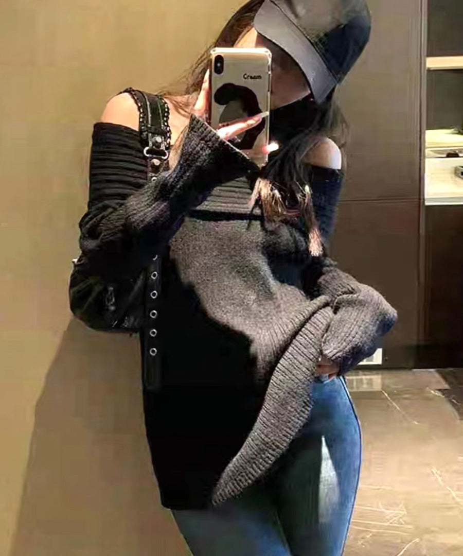 リフ Riff オフショルニットトップス オフショルダー オフタートル リブ編み リブニット セーター Tシャツ カットソー プルオーバー トップス 長袖 無地