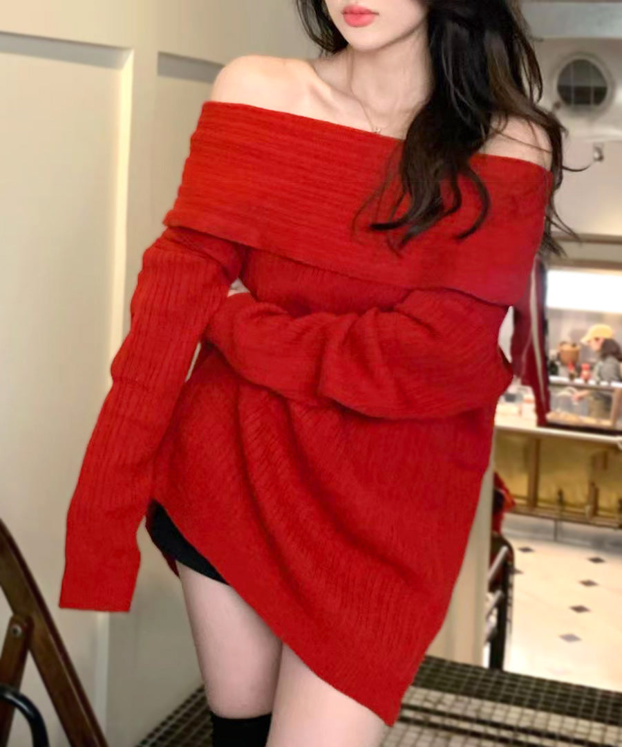 リフ Riff オフショルニットトップス オフショルダー オフタートル リブ編み リブニット セーター Tシャツ カットソー プルオーバー トップス 長袖 無地 (レッド) レッド