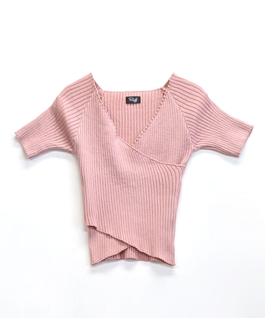 Riff Riff 短袖羅紋針織 交叉設計 開襟 V領 羅紋編織 短款 短袖 毛衣 夏季針織 針織 上衣 套頭衫 上衣 短袖 素色