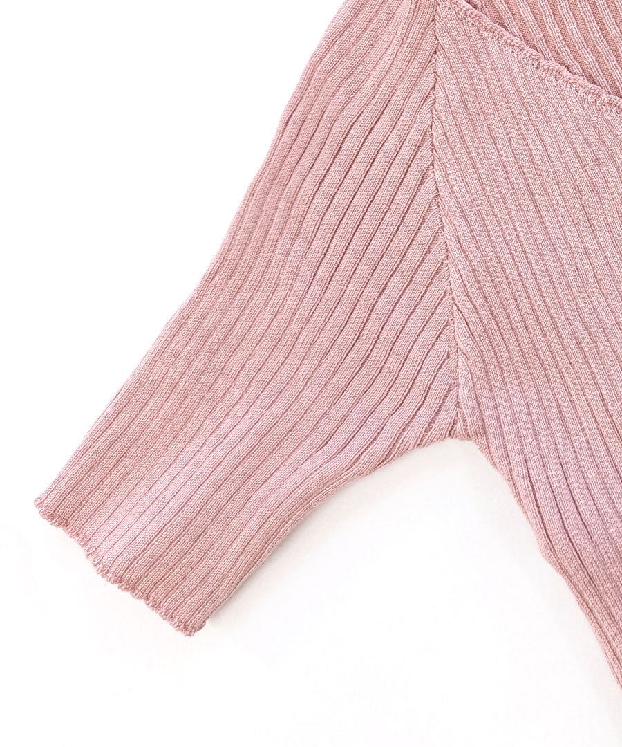 Riff Riff 短袖羅紋針織 交叉設計 開襟 V領 羅紋編織 短款 短袖 毛衣 夏季針織 針織 上衣 套頭衫 上衣 短袖 素色