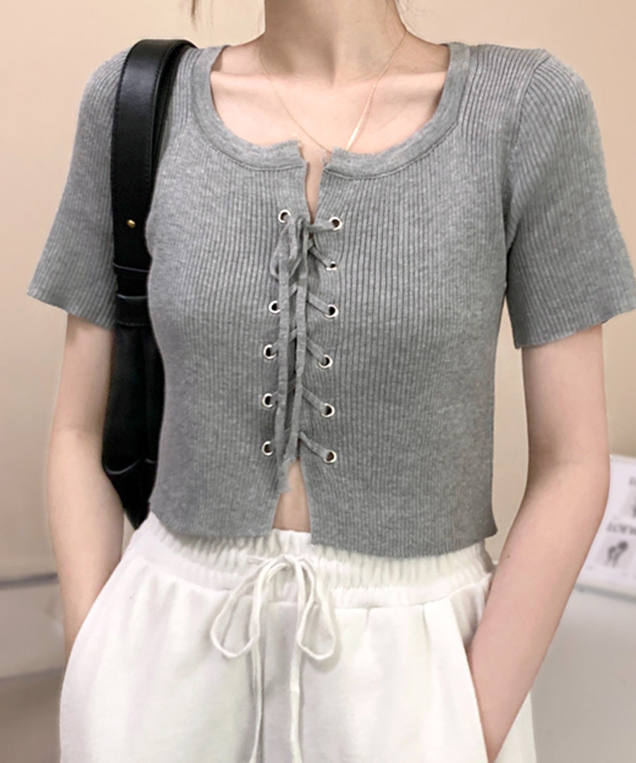 Riff Riff 鞋帶設計短袖羅紋針織上衣 短版 羅紋編織 短款 毛衣 夏季針織 衫 T恤 套頭衫 上衣 短袖 素色