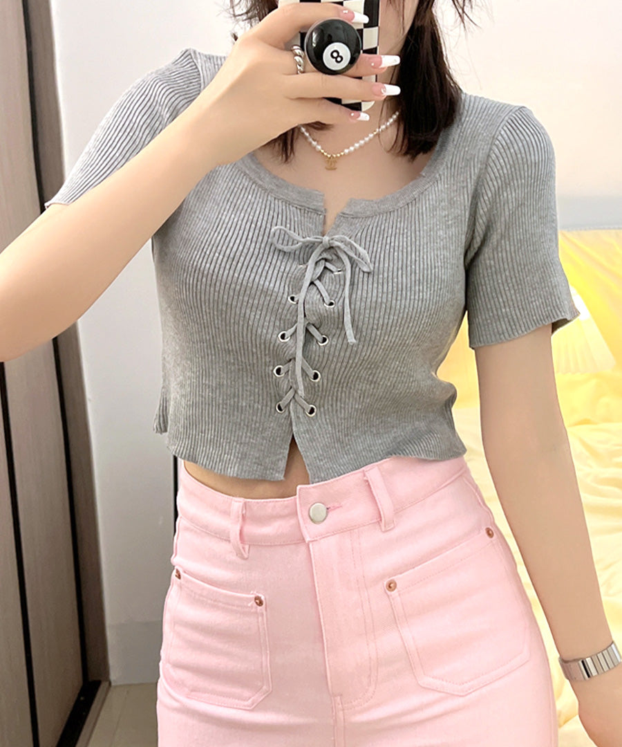 Riff Riff 鞋帶設計短袖羅紋針織上衣 短版 羅紋編織 短款 毛衣 夏季針織 衫 T恤 套頭衫 上衣 短袖 素色