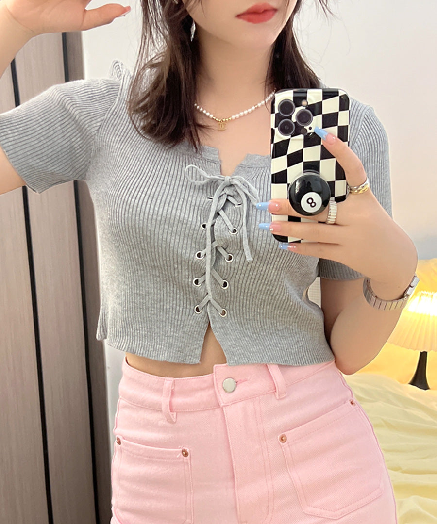 Riff Riff 鞋帶設計短袖羅紋針織上衣 短版 羅紋編織 短款 毛衣 夏季針織 衫 T恤 套頭衫 上衣 短袖 素色