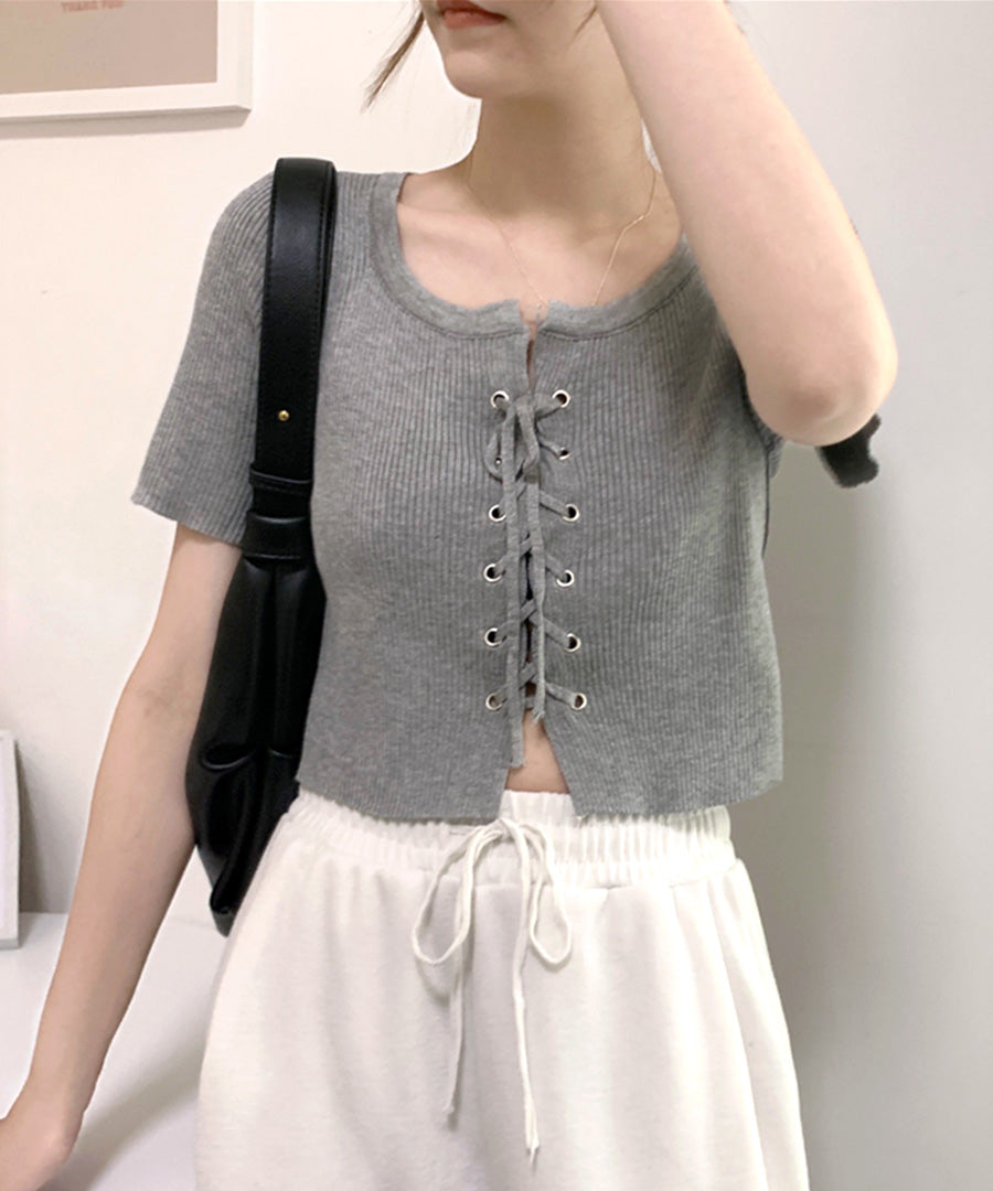 Riff Riff 鞋帶設計短袖羅紋針織上衣 短版 羅紋編織 短款 毛衣 夏季針織 衫 T恤 套頭衫 上衣 短袖 素色