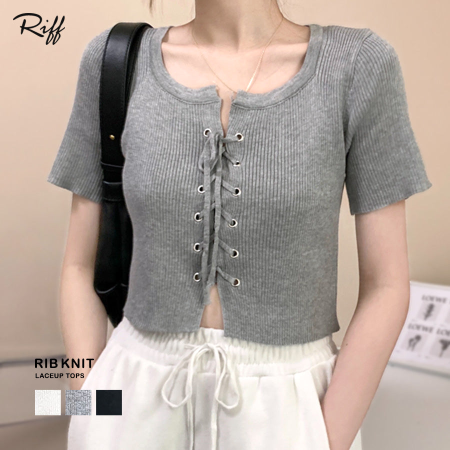 Riff Riff 鞋帶設計短袖羅紋針織上衣 短版 羅紋編織 短款 毛衣 夏季針織 衫 T恤 套頭衫 上衣 短袖 素色