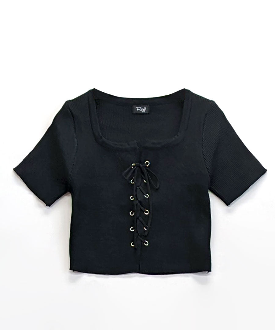 Riff Riff 鞋帶設計短袖羅紋針織上衣 短版 羅紋編織 短款 毛衣 夏季針織 衫 T恤 套頭衫 上衣 短袖 素色