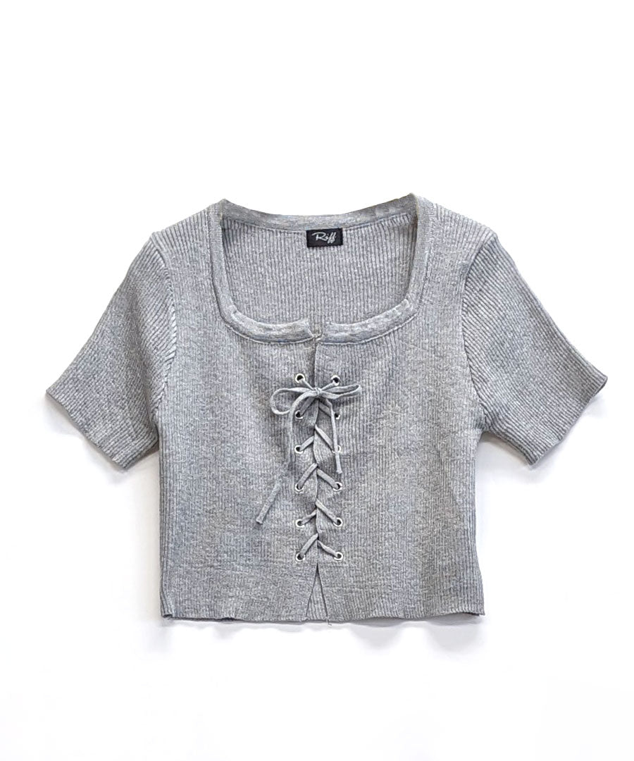 Riff Riff 鞋帶設計短袖羅紋針織上衣 短版 羅紋編織 短款 毛衣 夏季針織 衫 T恤 套頭衫 上衣 短袖 素色