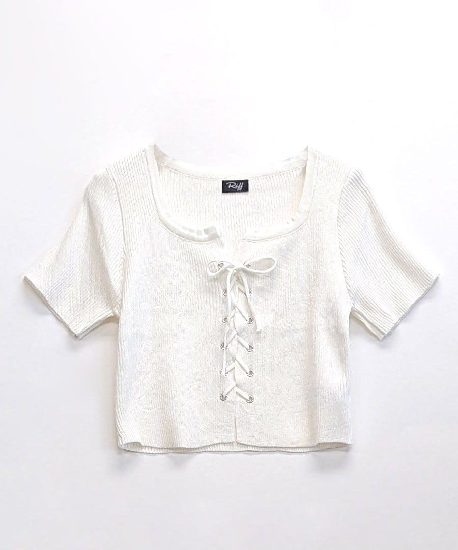 Riff Riff 鞋帶設計短袖羅紋針織上衣 短版 羅紋編織 短款 毛衣 夏季針織 衫 T恤 套頭衫 上衣 短袖 素色