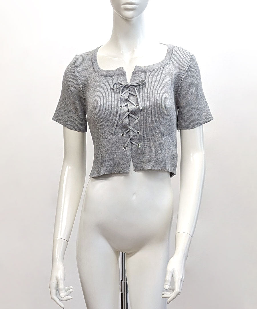 Riff Riff 鞋帶設計短袖羅紋針織上衣 短版 羅紋編織 短款 毛衣 夏季針織 衫 T恤 套頭衫 上衣 短袖 素色