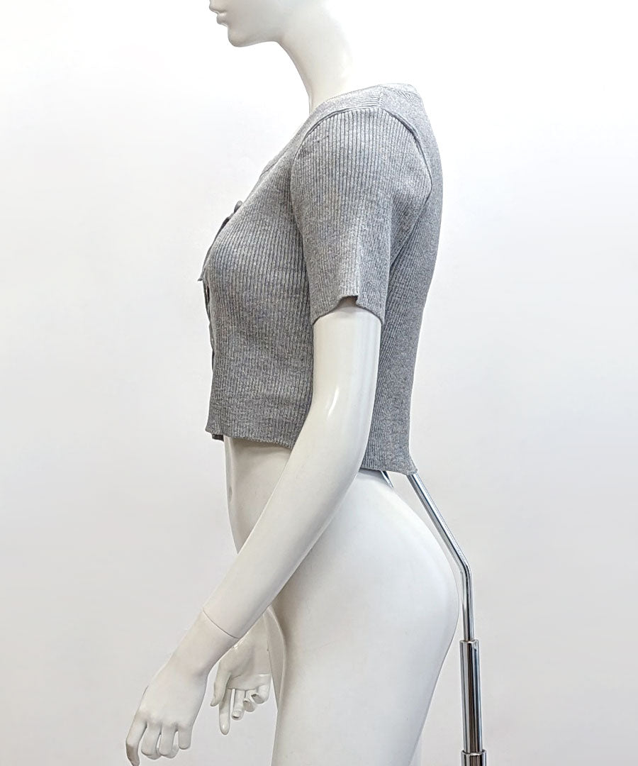 Riff Riff 鞋帶設計短袖羅紋針織上衣 短版 羅紋編織 短款 毛衣 夏季針織 衫 T恤 套頭衫 上衣 短袖 素色