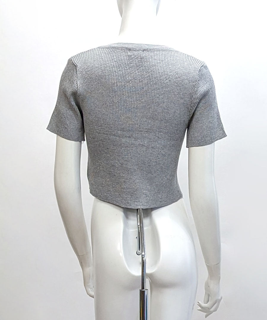 Riff Riff 鞋帶設計短袖羅紋針織上衣 短版 羅紋編織 短款 毛衣 夏季針織 衫 T恤 套頭衫 上衣 短袖 素色