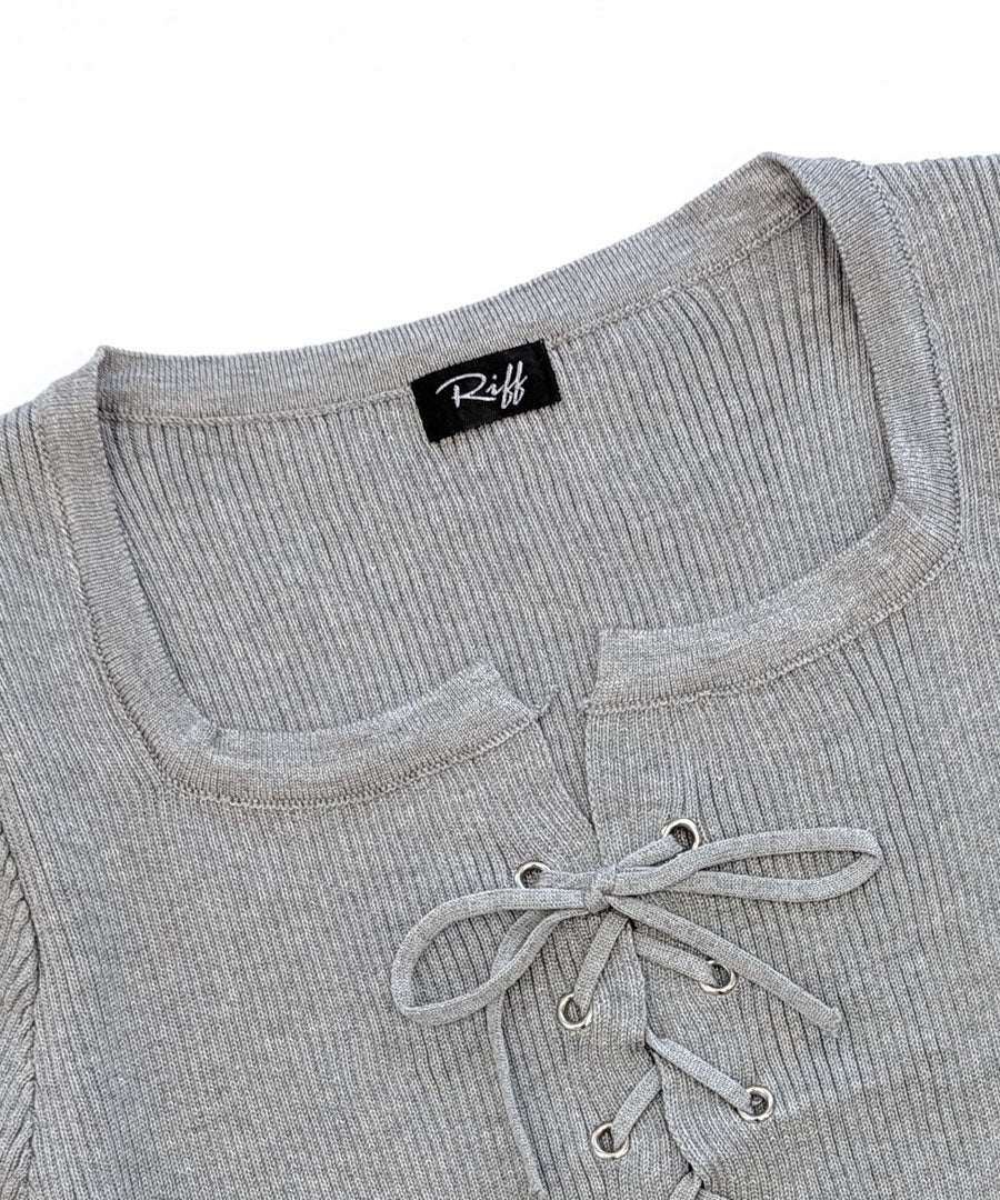 Riff Riff 鞋帶設計短袖羅紋針織上衣 短版 羅紋編織 短款 毛衣 夏季針織 衫 T恤 套頭衫 上衣 短袖 素色