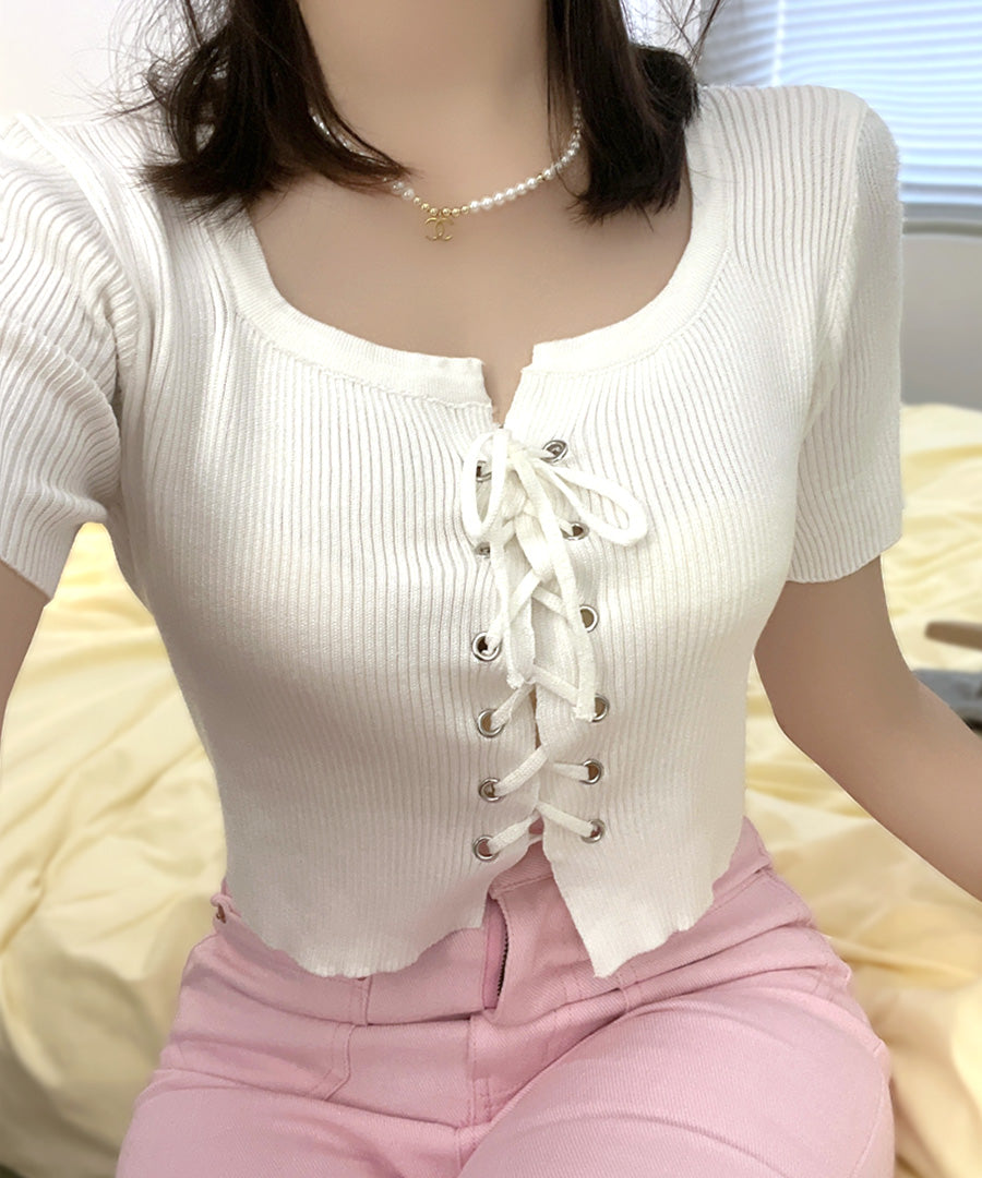 Riff Riff 鞋帶設計短袖羅紋針織上衣 短版 羅紋編織 短款 毛衣 夏季針織 衫 T恤 套頭衫 上衣 短袖 素色