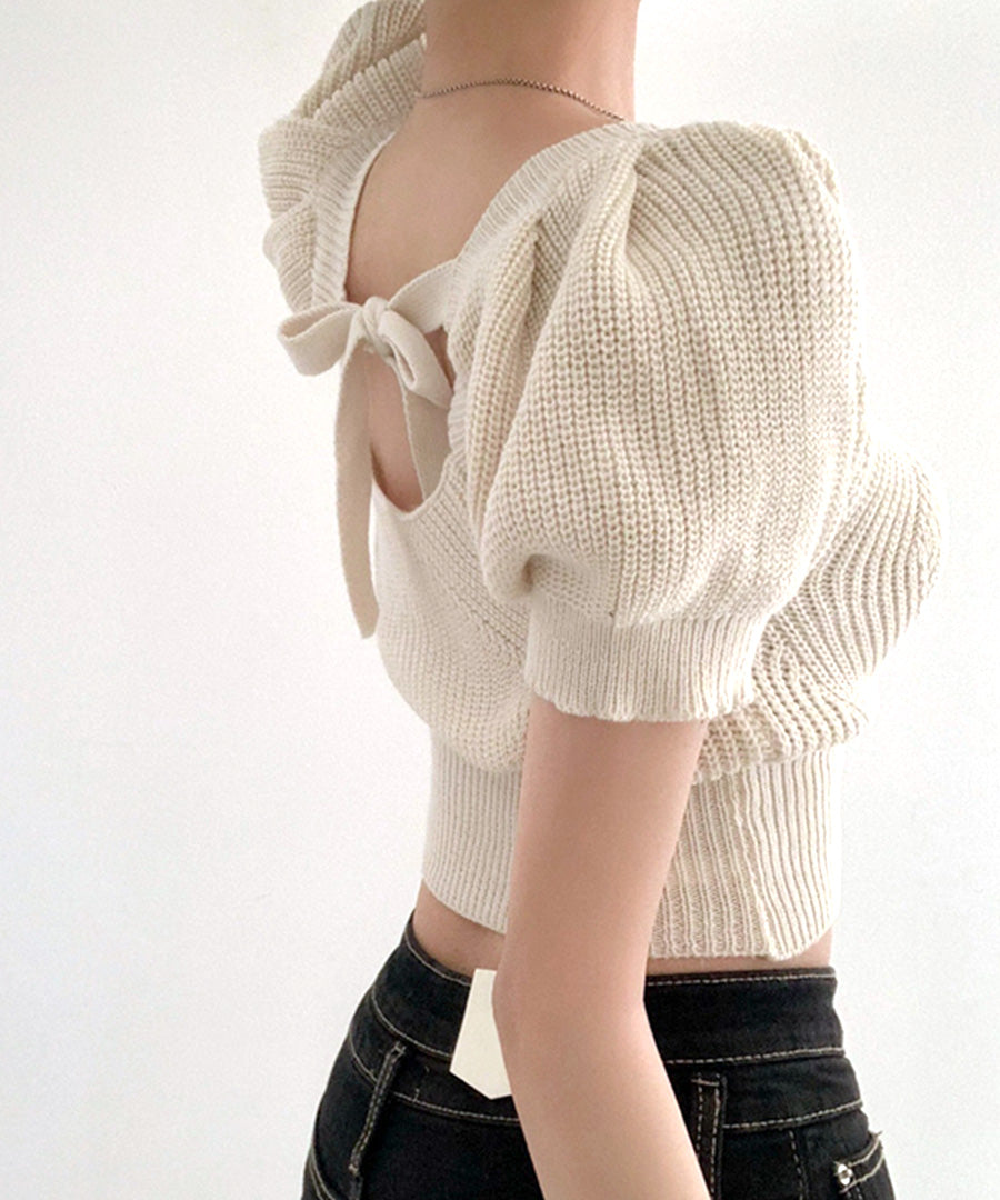 Riff Riff 後綁帶上衣 方領短袖針織 夏季針織 Puff袖 短版 短款 毛衣 針織 上衣 短袖 素色