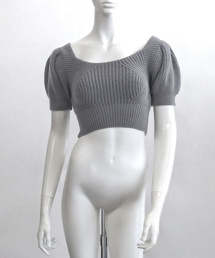 Riff Riff 後綁帶上衣 方領短袖針織 夏季針織 Puff袖 短版 短款 毛衣 針織 上衣 短袖 素色