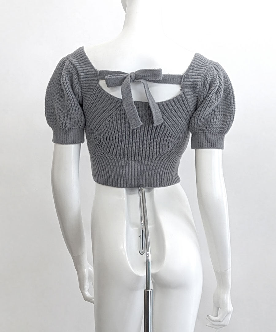 Riff Riff 後綁帶上衣 方領短袖針織 夏季針織 Puff袖 短版 短款 毛衣 針織 上衣 短袖 素色