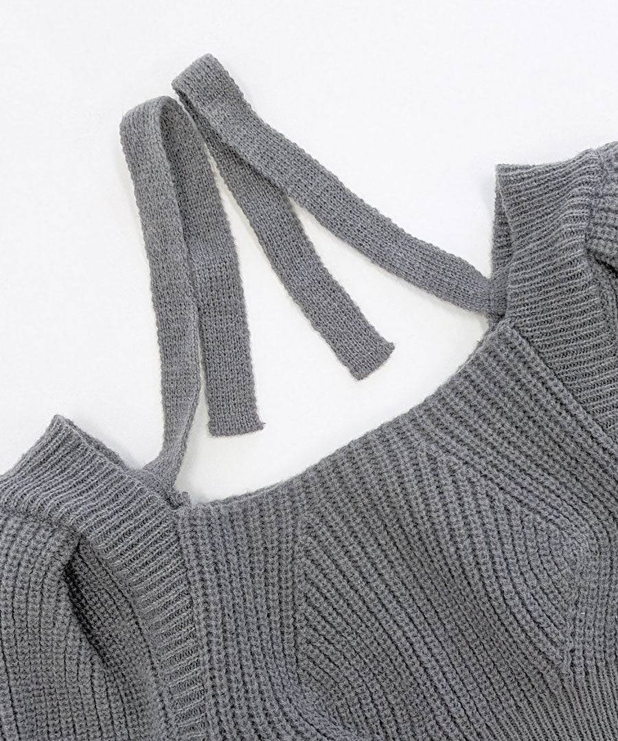 Riff Riff 後綁帶上衣 方領短袖針織 夏季針織 Puff袖 短版 短款 毛衣 針織 上衣 短袖 素色