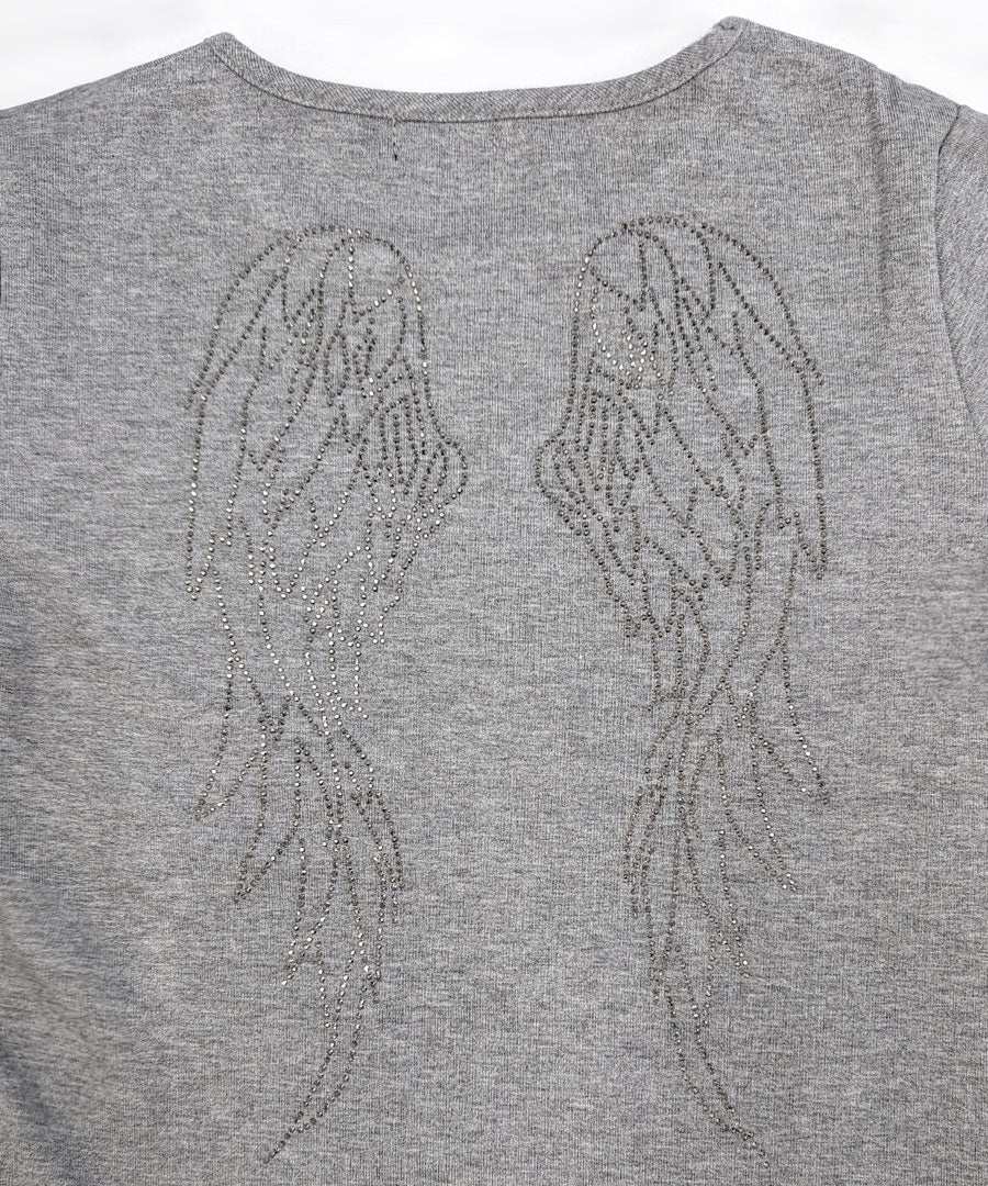 リフ Riff ロゴラインストーン Tシャツ ロゴプリント クロップド丈 ショート丈 クルーネック チビT Tシャツ カットソー プルオーバー トップス 半袖 無地 (グレー) グレー