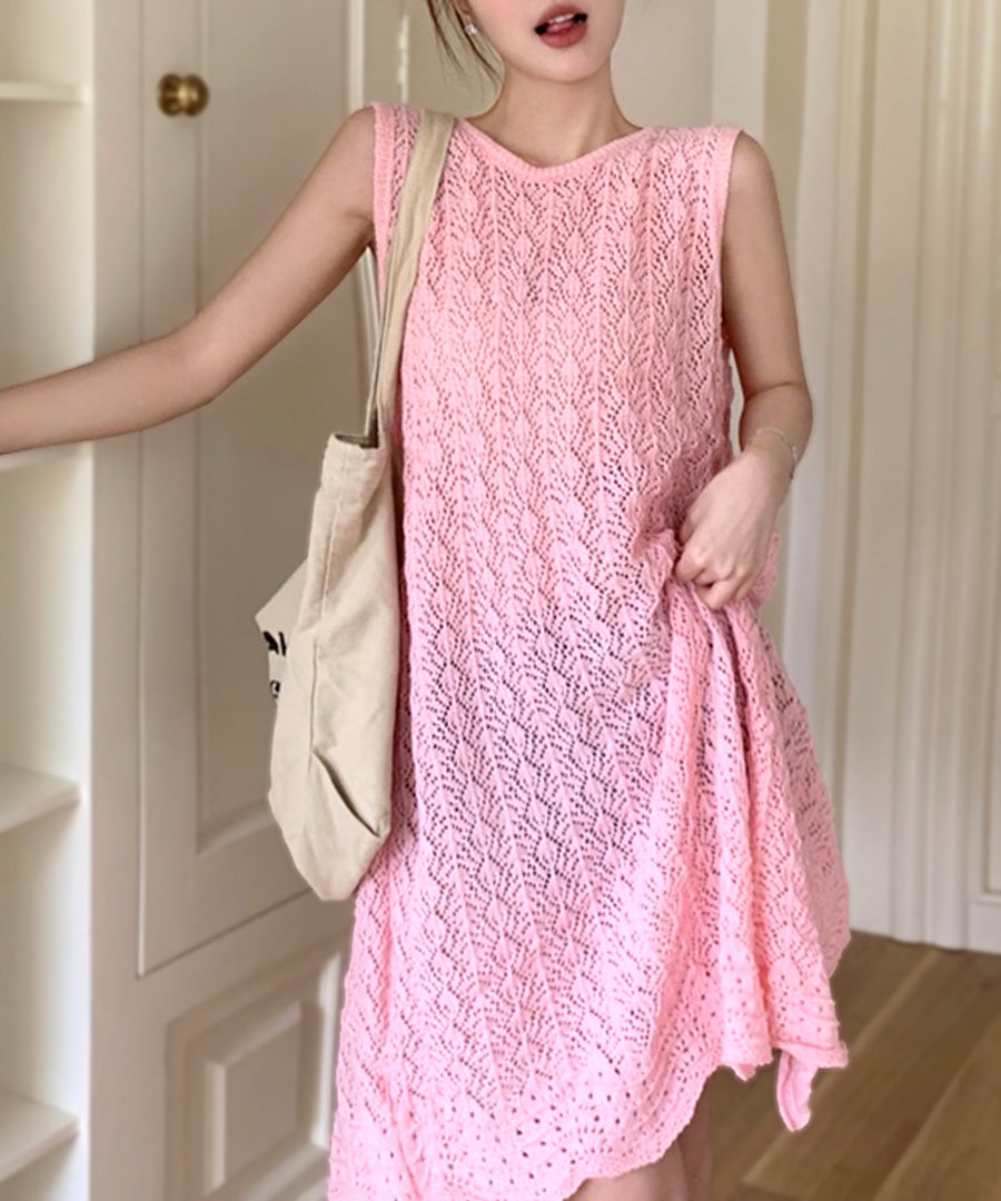 Riff Crocheted Knit Dress Back Open Sheer Knit Crochet Knee-Length Dre
