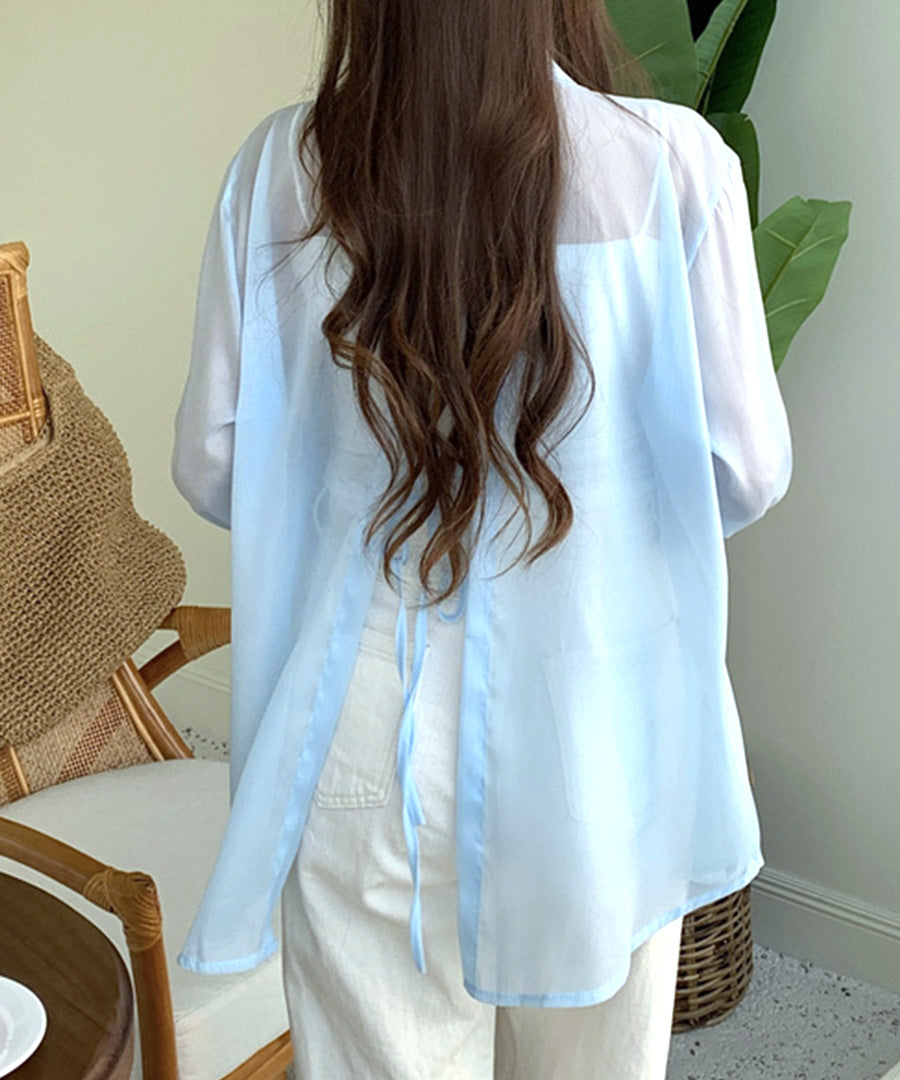 Riff Sheer Shirt Back Slit See-Through Outer Blouse Top Oversized Big Size Large Size Loose Long Sleeve Plain